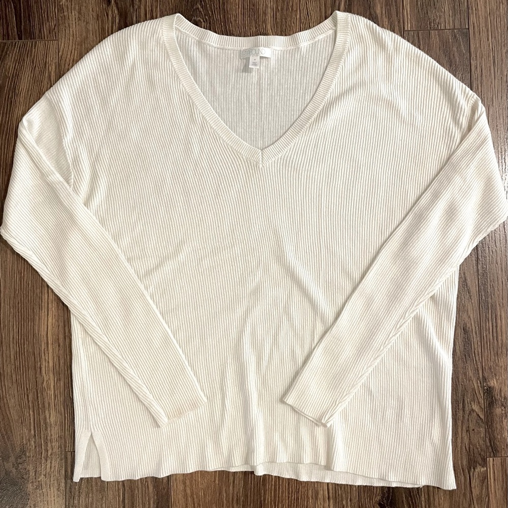 Womens Abound V Neck Sweater Medium Ribbed Casual Long‎ Sleeve Lightweight Ivory